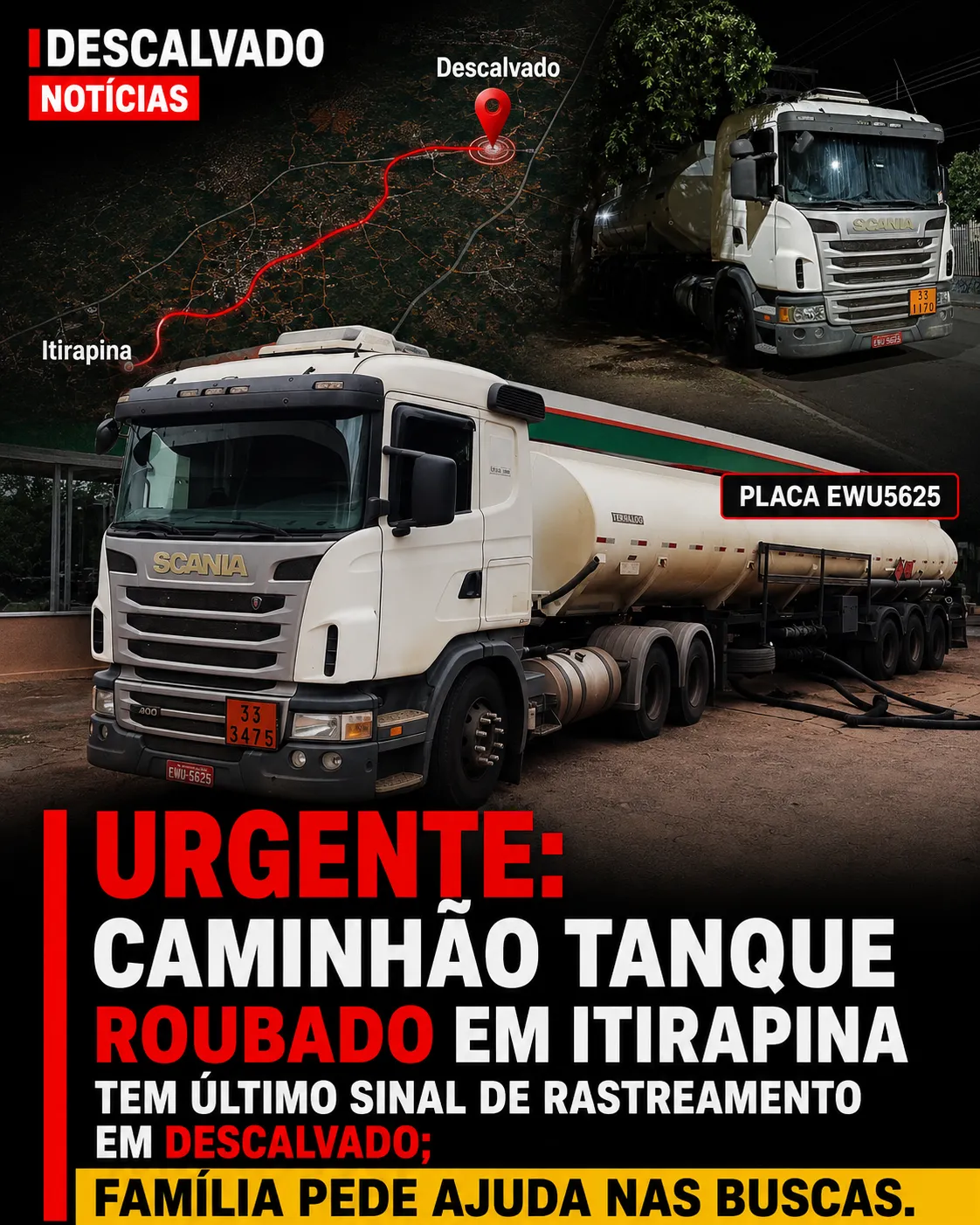 ​URGENTE: Caminhão tanque roubado em Itirapina tem último sinal de rastreamento em Descalvado; Família pede ajuda nas buscas