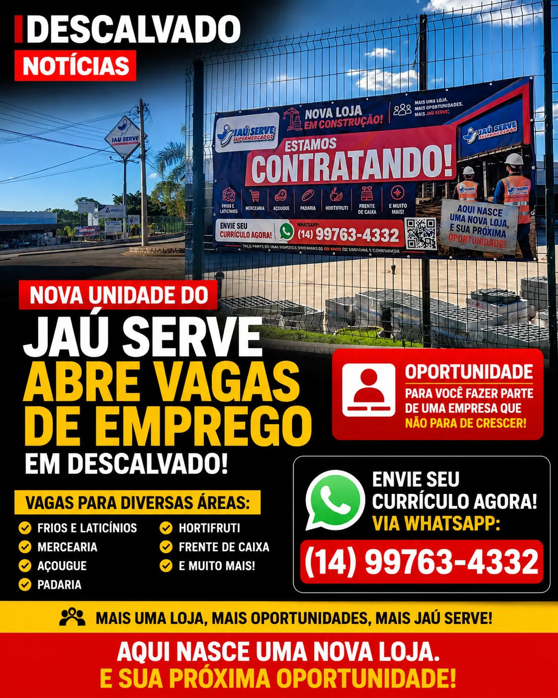 Nova unidade do Jaú Serve abre vagas de emprego em Descalvado