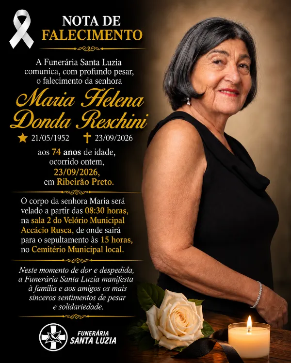 Nota de Falecimento  - Maria Helena Donda Reschini, aos 74