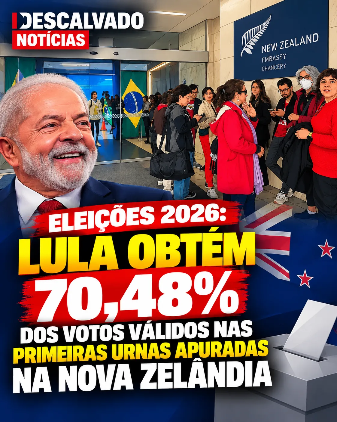 Eleições 2026: Lula obtém 70,48% dos votos válidos nas primeiras urnas apuradas na Nova Zelândia