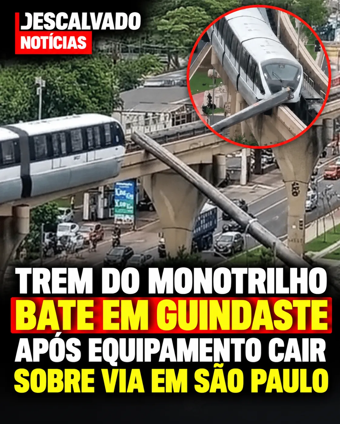Trem do monotrilho bate em guindaste após equipamento cair sobre via em São Paulo