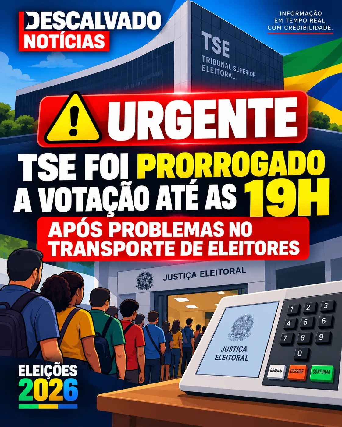 URGENTE: TSE prorrogado a votação até as 19h após problemas no transporte de eleitores