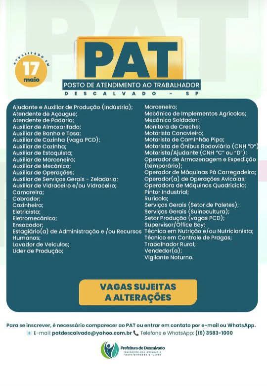 PAT de Descalvado divulga vagas de emprego atualizadas em 17 de maio