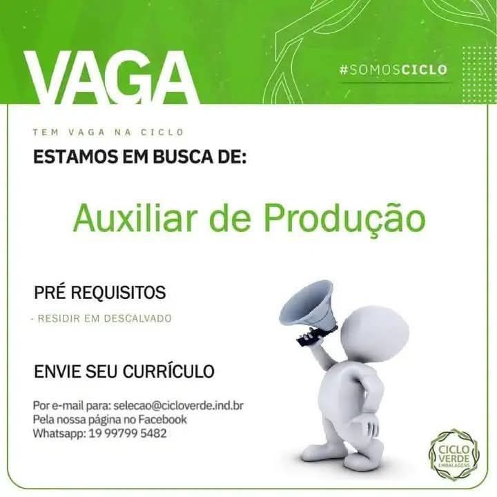 Ciclo Verde está contratando: Vaga para Auxiliar de Produção em Descalvado