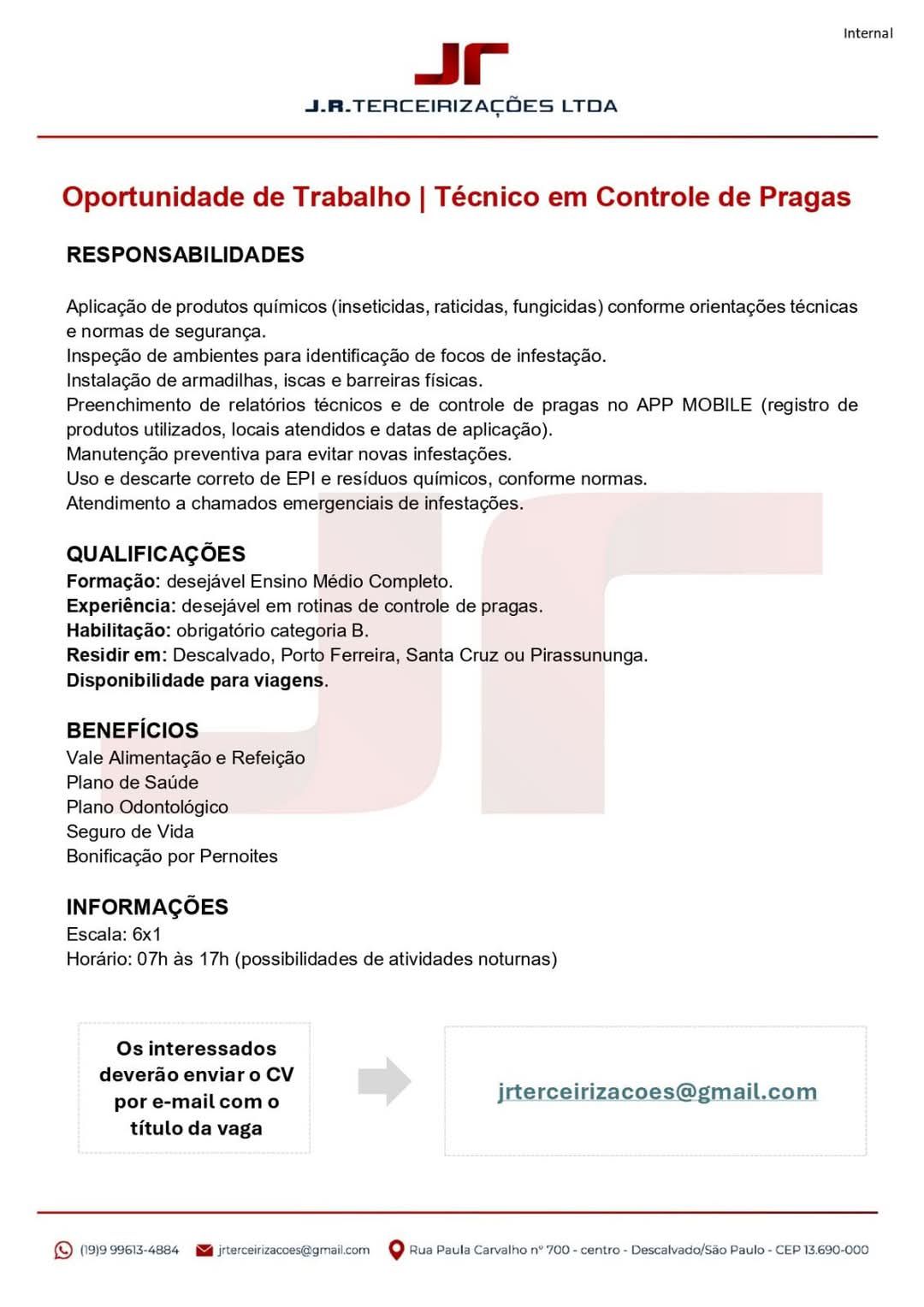 OPORTUNIDADE DE EMPREGO | TÉCNICO EM CONTROLE DE PRAGAS