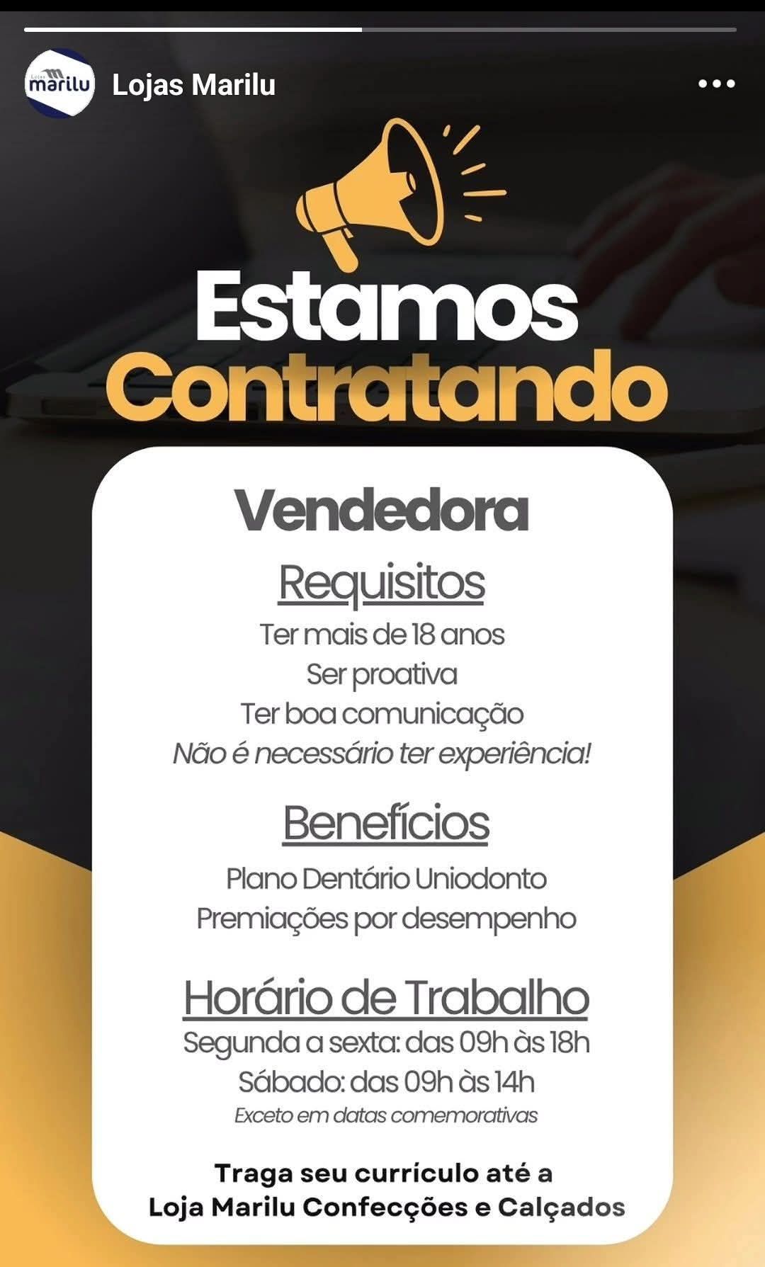 VAGA ABERTA | VENHA FAZER PARTE DA EQUIPE MARILU!