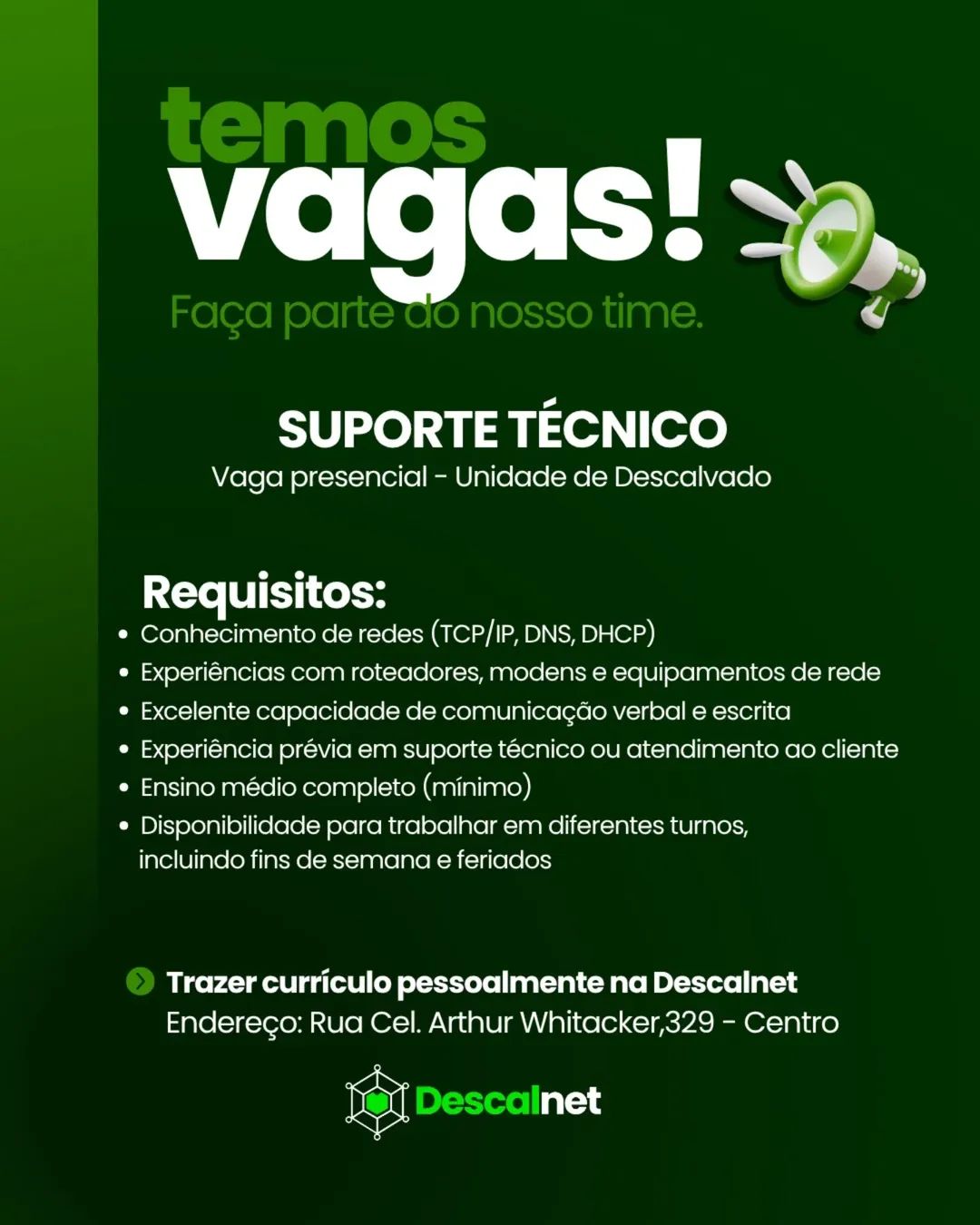 Descalnet abre vaga para Suporte Técnico em Descalvado