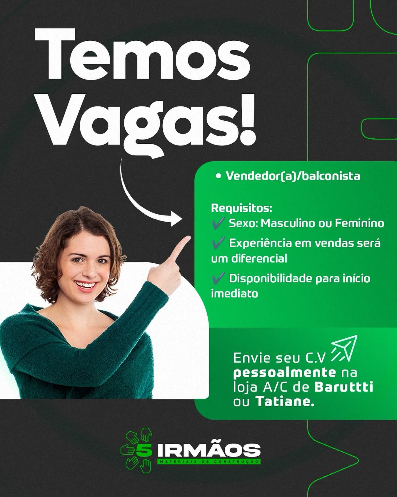 Loja 5 Irmãos está com vaga aberta para Vendedor(a)/Balconista