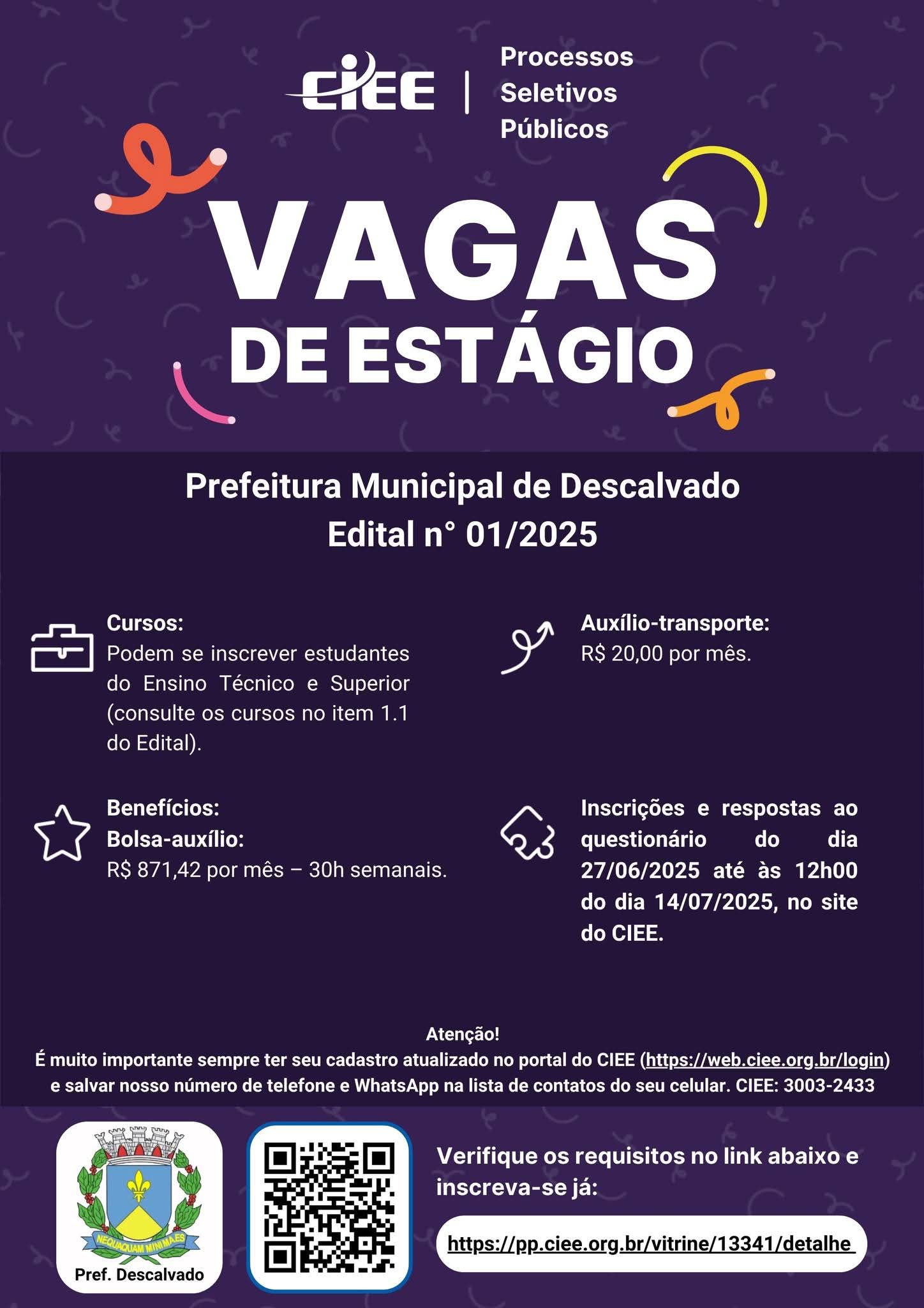 Prefeitura de Descalvado abre vagas de estágio para estudantes do Ensino Técnico e Superior