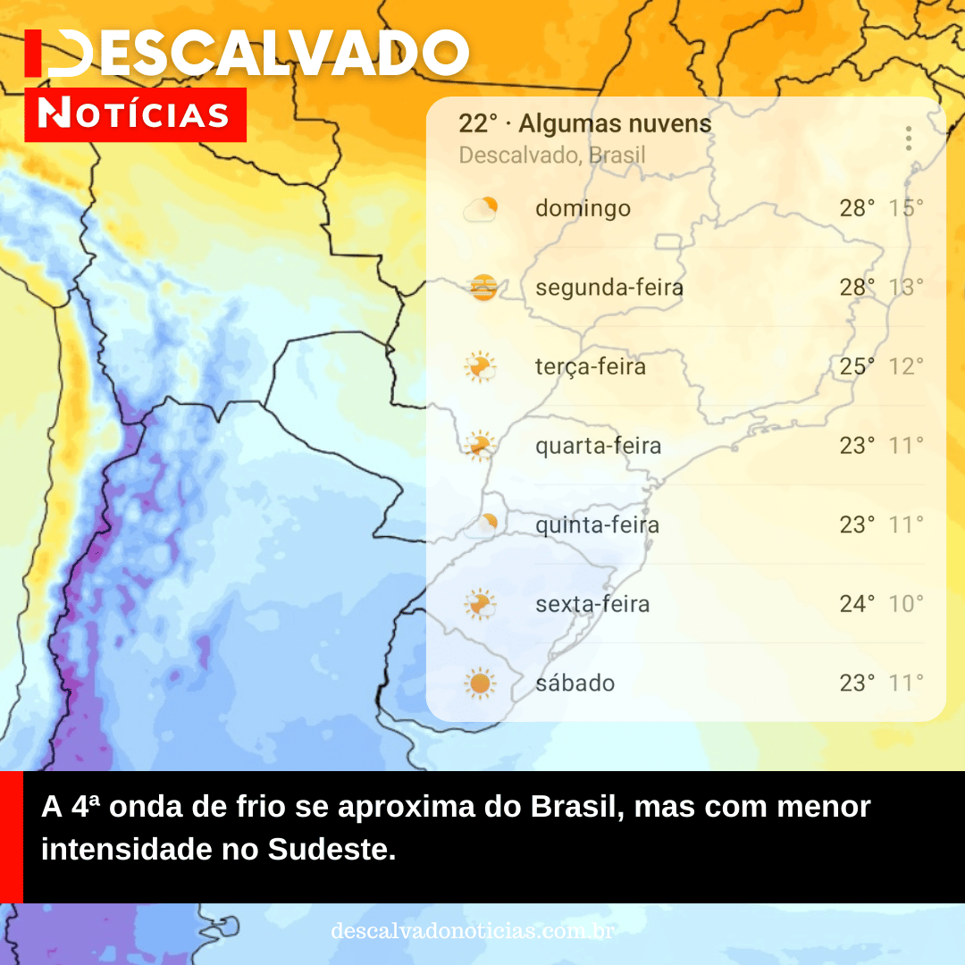 A 4ª onda de frio se aproxima do Brasil, mas com menor intensidade no Sudeste