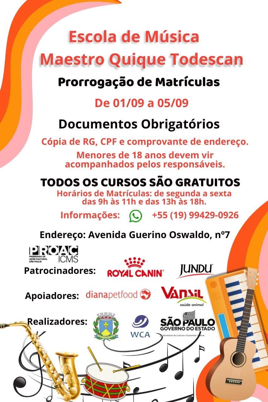Escola de Música Maestro Quique Todescan prorroga prazo para matrículas