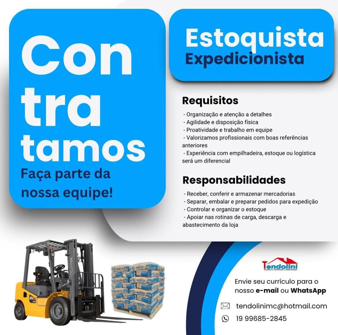 Tendolini está contratando: vaga para Estoquista/Expedicionista
